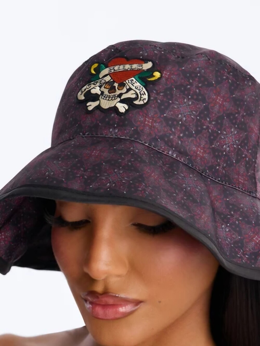 Ed Hardy Love Kills Slowly Black Red Geometric Pattern Bucket Hat NWT